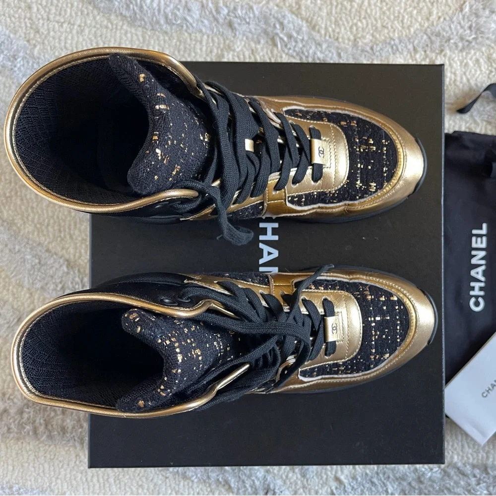 Chanel High Top Sneakers 19A Metiers d'Art Gold Metallic & Black Tweed SZ 39